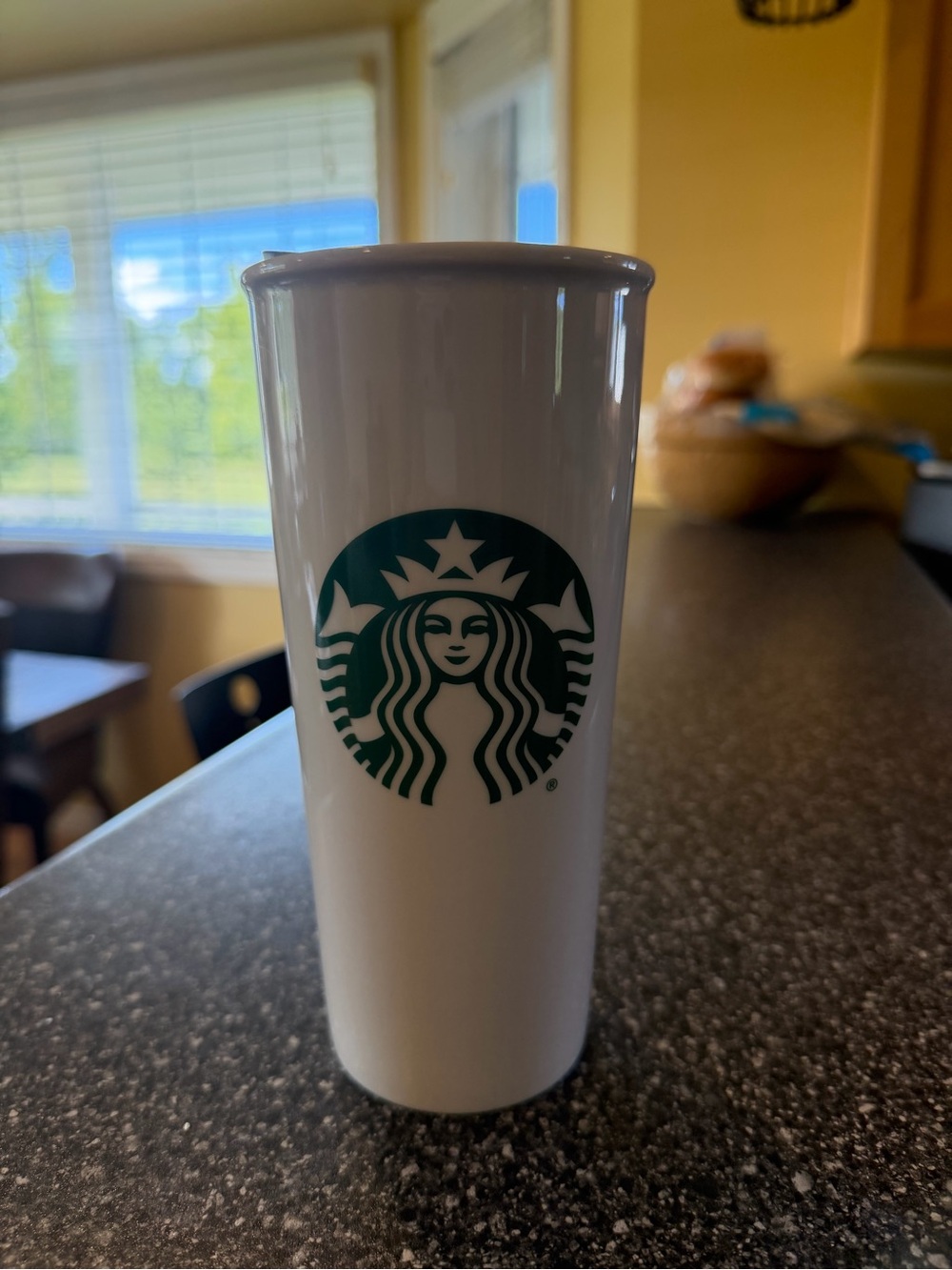 Starbucks White Ceramic Travel Mug with Green Logo